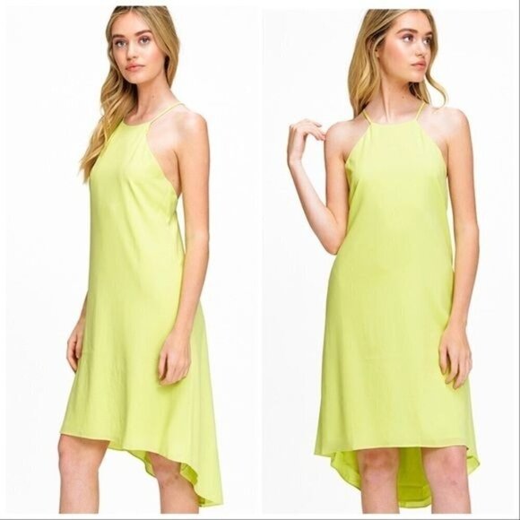 Lime green chiffon sleeveless halter hi-lo dress - Picture 2 of 12